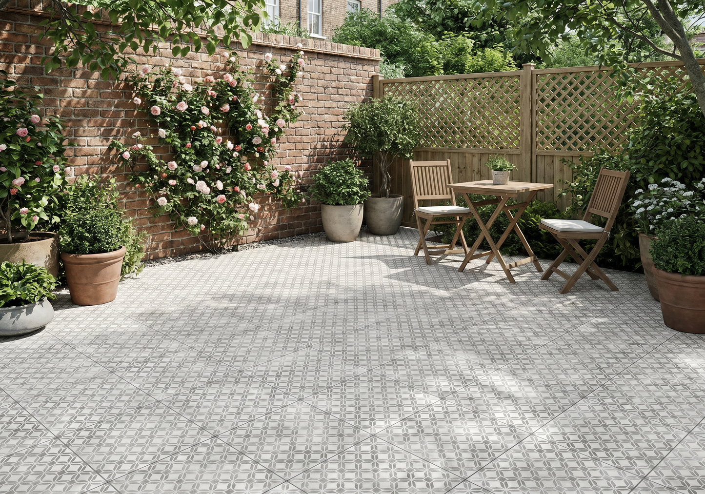 Outdoor patio with brick wall, garden furniture, and potted plants