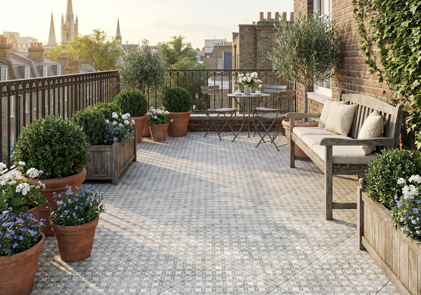 Tiled rooftop terrace with seating area, plants, and cityscape view.