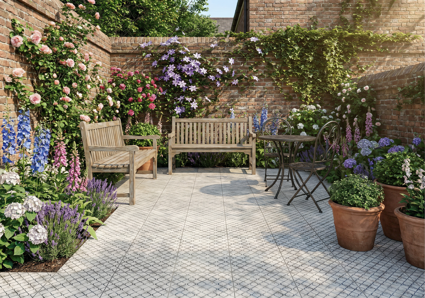 Garden patio with wooden furniture, flowers, and potted plants.