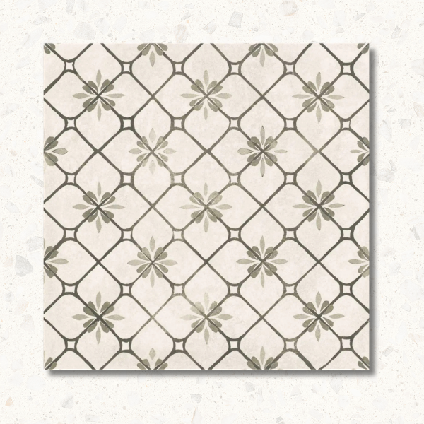 Decorative tile with geometric pattern on a textured surface