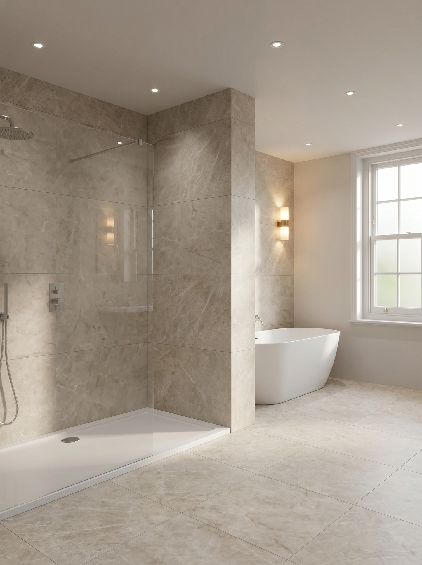 Modern bathroom with shower enclosure and freestanding bathtub.