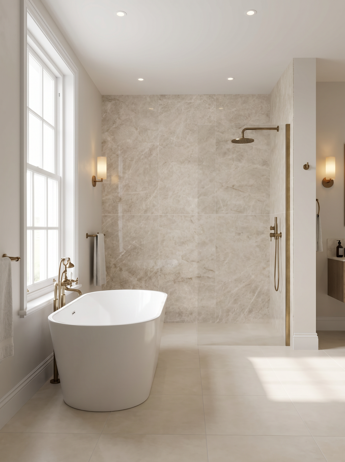 Modern bathroom with freestanding bathtub, shower system, and large window.