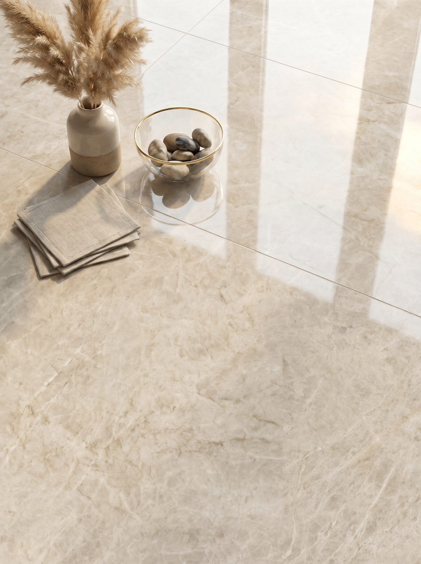 Beige tiles with a vase and stones on a glass table