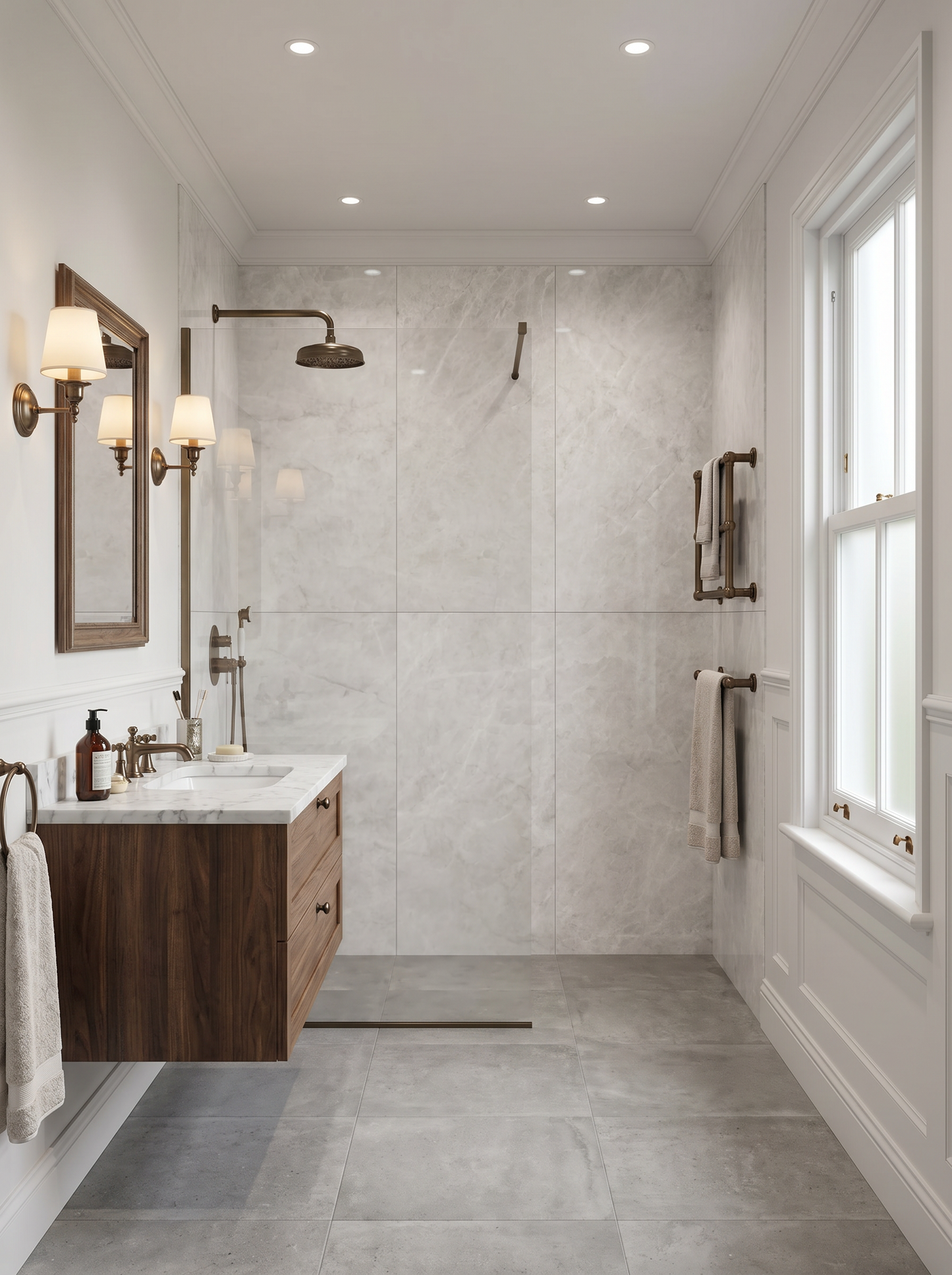 Modern bathroom with tiled shower, vanity, and large window.