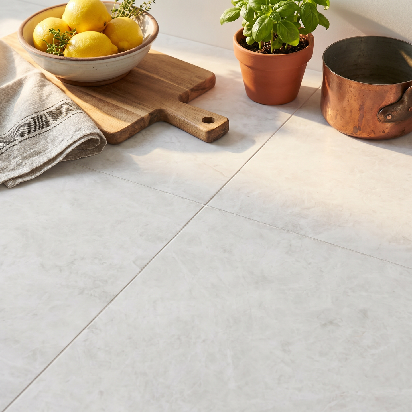 Kitchen floor with tiles, a bowl of lemons, a cutting board, and a pot.