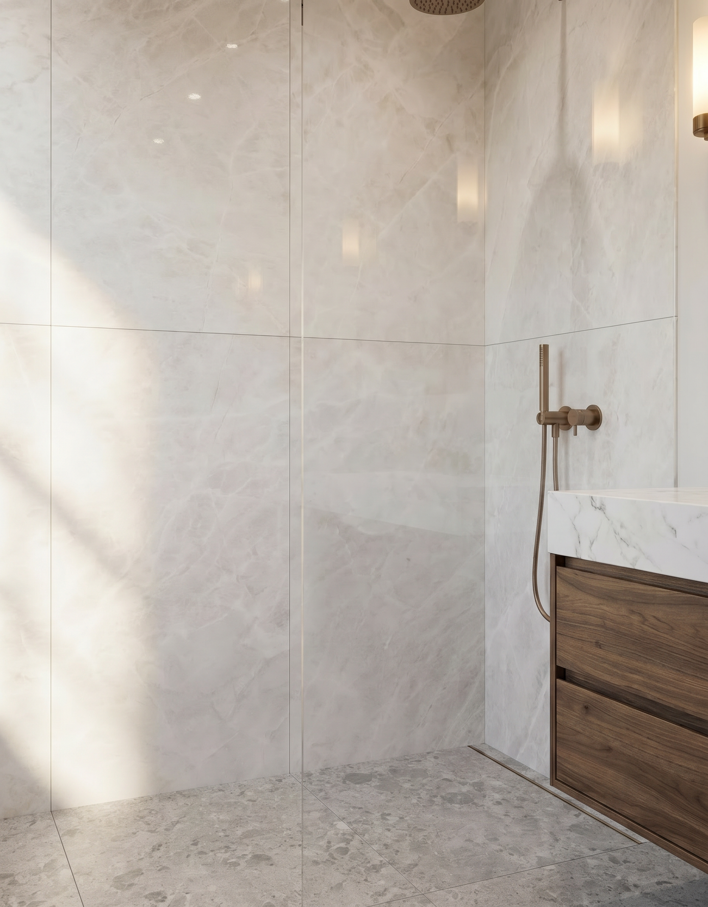 Modern bathroom shower with tiled walls, wooden panel, and marble countertop.