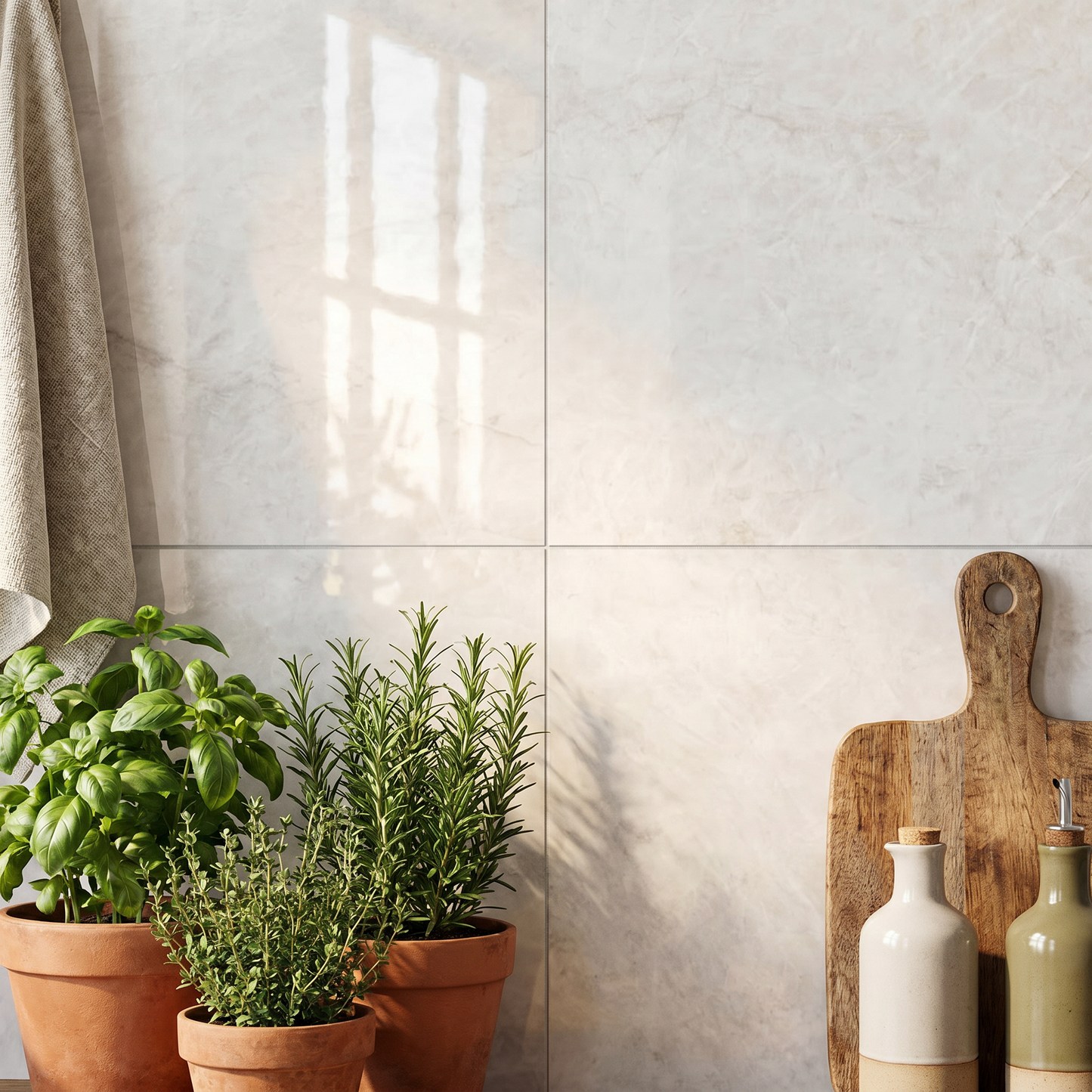 Potted plants on a windowsill with a wooden cutting board and bottles against a tiled wall.
