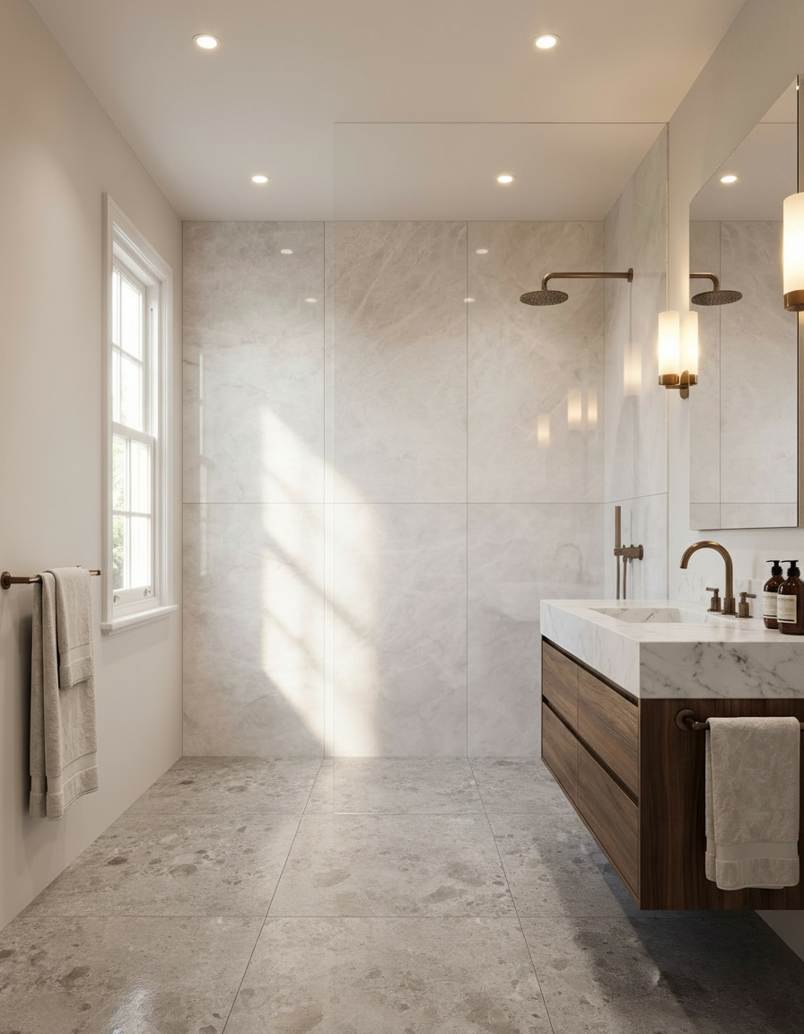 Modern bathroom with tiled walls, wooden vanity, and natural light.