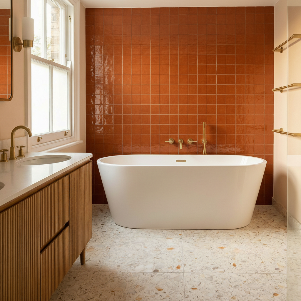 Orange Zellige Tile & neutral terrazzo