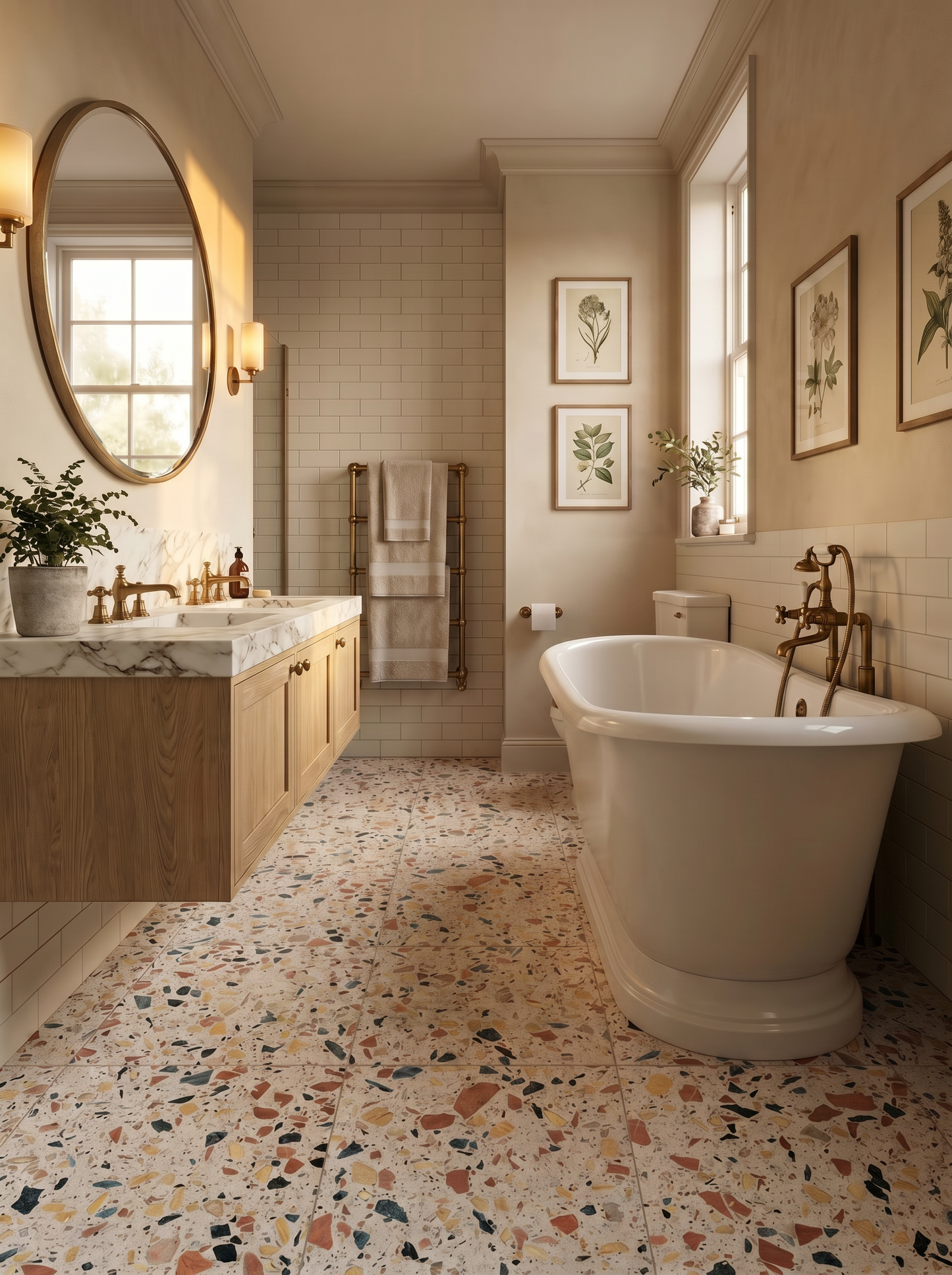 Bathroom with freestanding bathtub, vanity, and decorative elements.