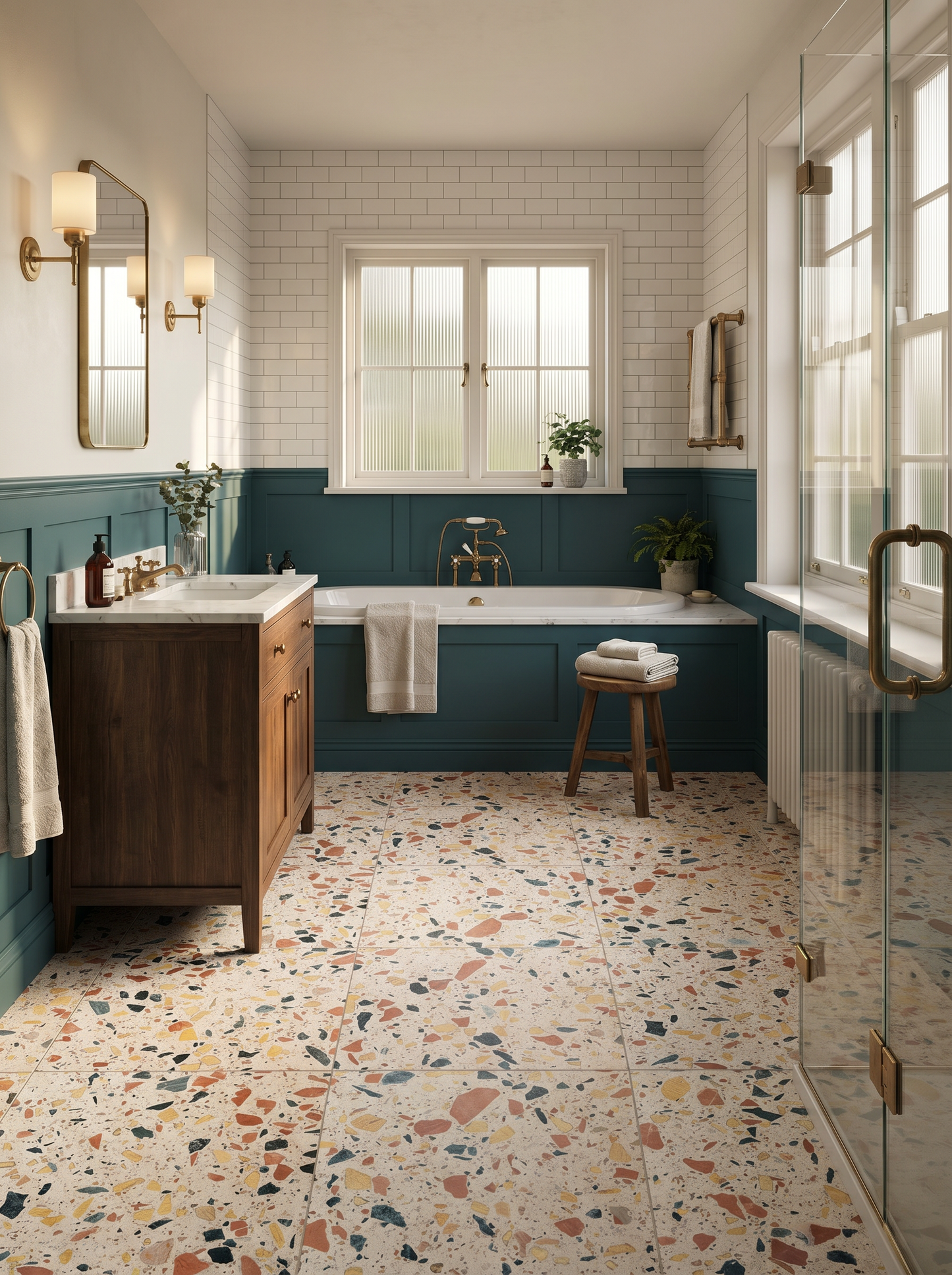 Modern bathroom with blue walls, wooden vanity, and terrazzo floor.