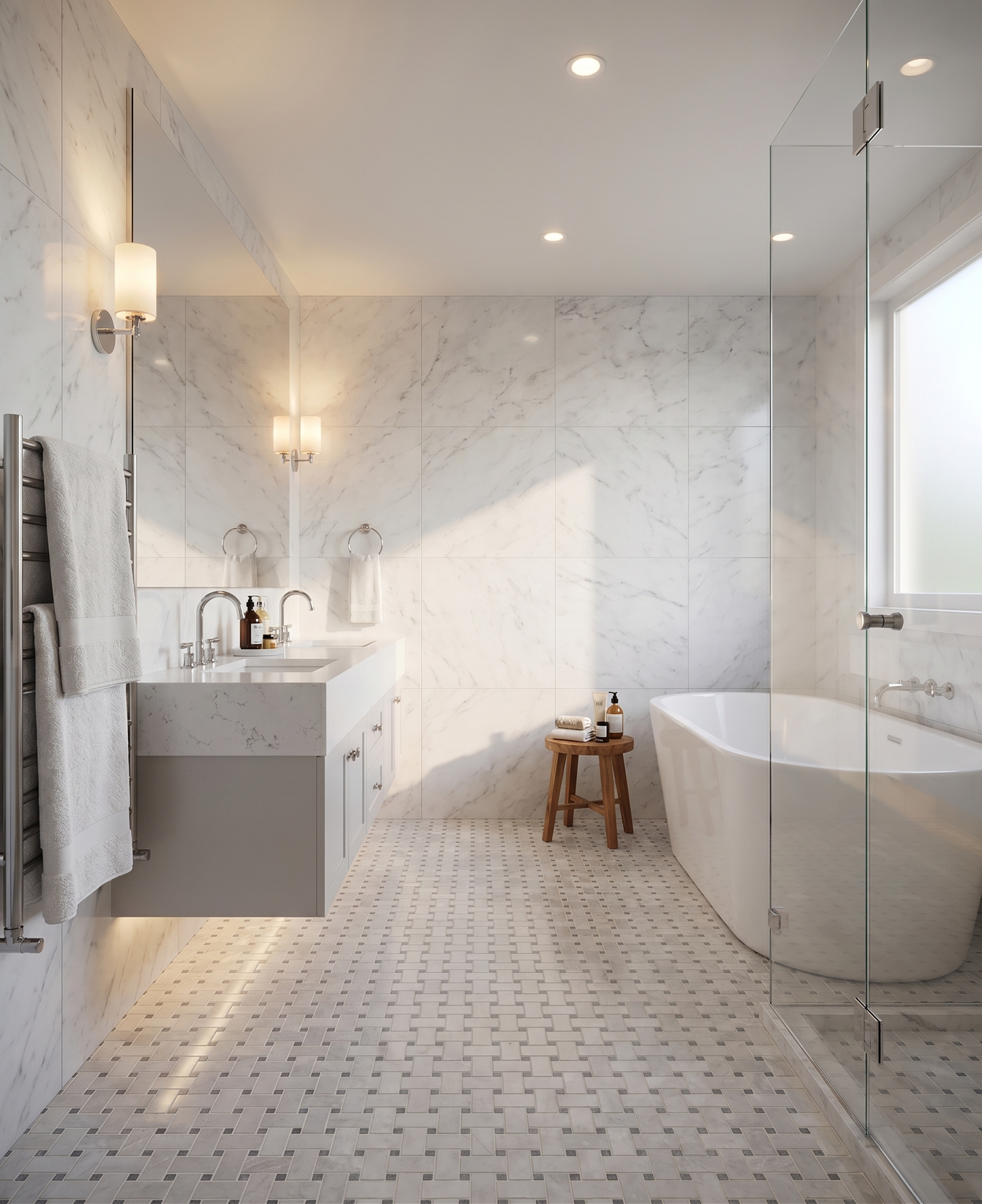 Venti Carrara Marble Honed Basketweave (Nero Gris Dot) Mosaic
